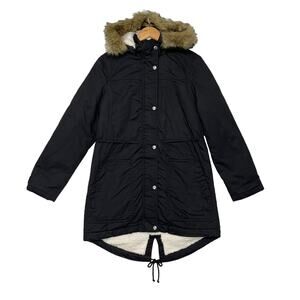 Gap Sherpa Parka Jacket Sz S True Black Hooded Faux Fur Trim Full Zip Winter